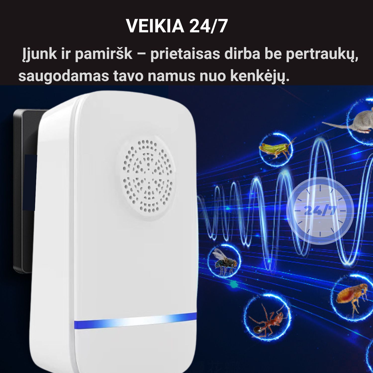 Ultragarsinis elektroninis kenkėjų repeleris su LED indikatoriumi